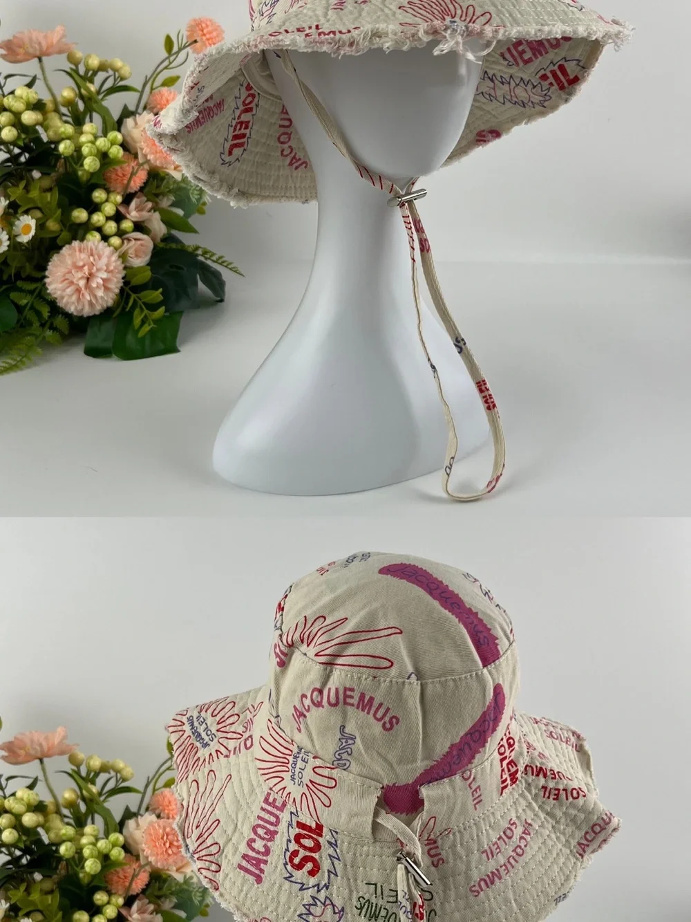 Designer inspired Beige Bucket Hat with Pink & Purple Graphic Print